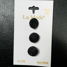 NEW ON HANGER Black Plastic Round Sparkly Multi-Use Shank Buttons 1/2" 12MM 3 Ct