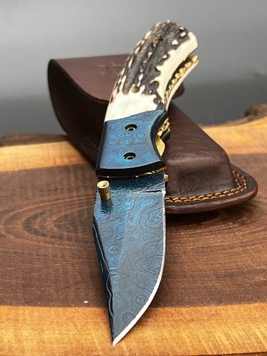Custom Handmade 8" Folding Knife Stag Handle With Anodized Blade , Pocket Knife. - Picture 4 of 9