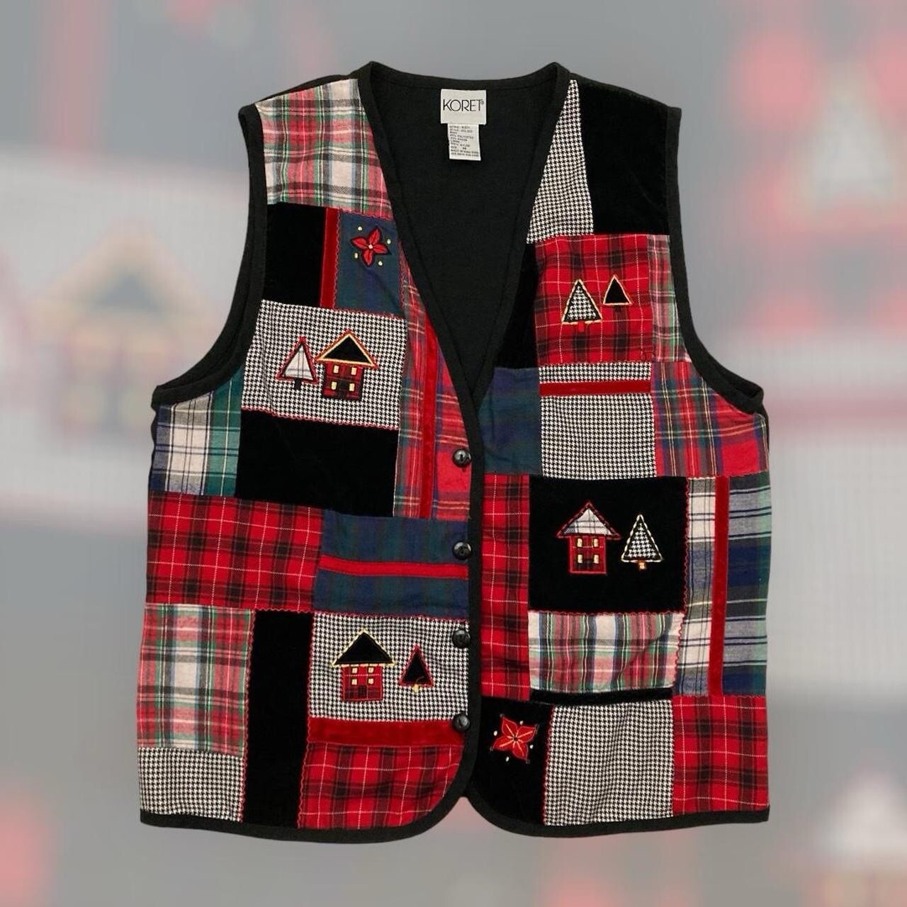 VTG 90s Koret Christmas Patchwork Button Up Strap… - image 1