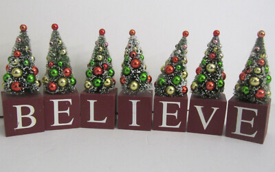 BELIEVE Christmas Wooden Blocks Beaded Bottle Brush Tree