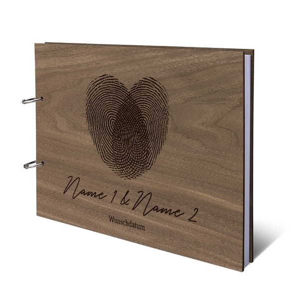 Hochzeit GäStebuch Holz Gravur Individuell Holzcover A4 Quer - FingerabdrüCke-image