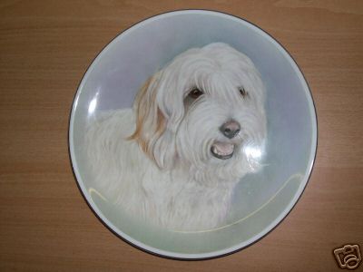 ORIG VINTAGE DOG PLATE OIL PAINTING BEARDED COLLIE