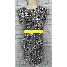 M&S Limited Shift Dress Black & White Yellow Waist Size 8 Pockets Sleeveless