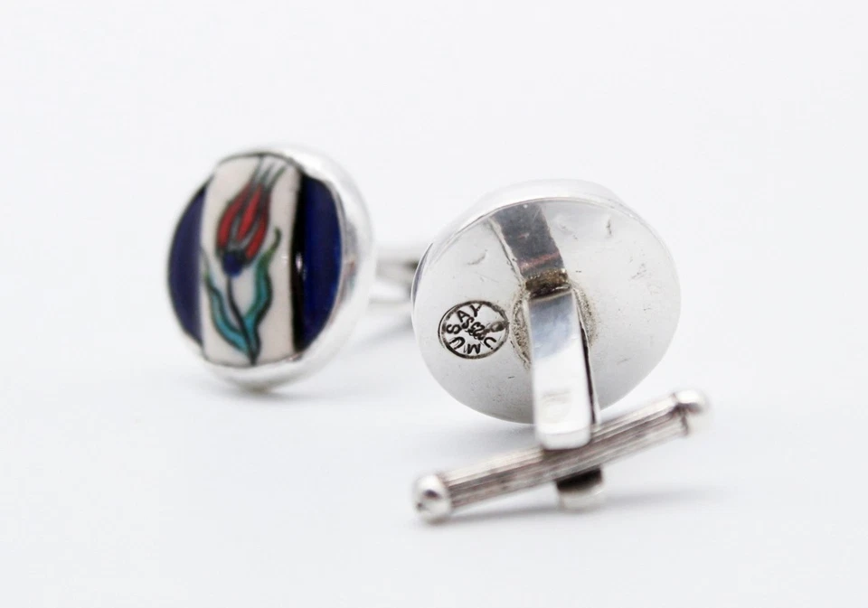 Gumusay Marked Sterling Silver 925 Ceramic Floral Enamel Men's Cufflinks - Image 3 of 4