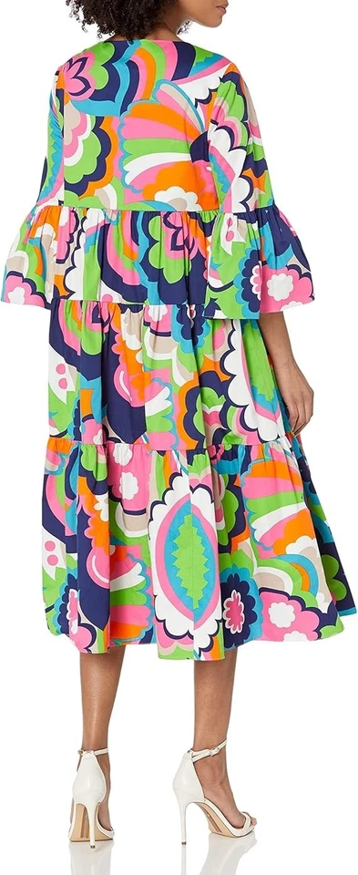 Vestido midi Trina Turk para mujer de gran tamaño acampanado mangas 3/4, flor audaz multi, M Foto 2 de 4