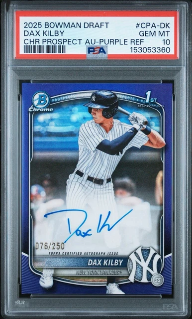 PSA 10 2025 Bowman Draft Dax Kilby Chrome 1st Auto PURPLE REFRACTOR /250