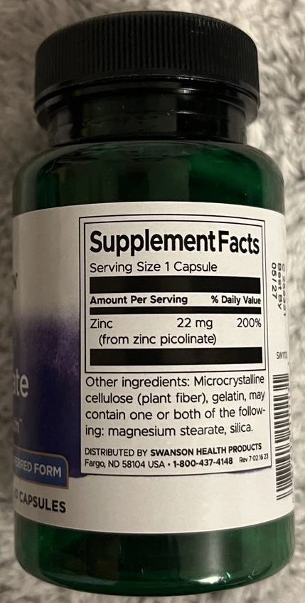 120 Cap Swanson Picolinato de Zinc Cuerpo Forma Preferida 22 mg Salud Inmune de la Próstata Foto 2 de 2