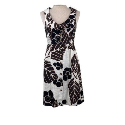 Tibi New York Silk Linen Floral Leaf Print Button Front Dress Brown Cream 0