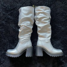 Dr Martens Kasey Metallic Leather Knee High Ruffled Boots - Women's Sz 5 Silver