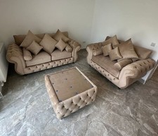 Luxury | Rio Chesterfield  3/2 Sofa | Mink Velvet | Matching Chair | Glass Table