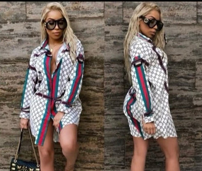 QUEEN Geometric Collared Belted Shirt Dress Long Sleeve White Blue Red L
