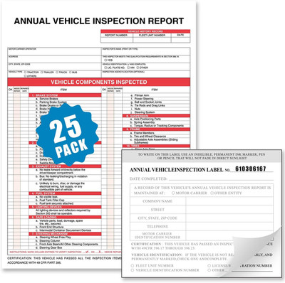 Annual Vehicle Inspection Report Form 25-Pk 3-Ply Carbonless, 8.5'' X 11.75'' + 2-