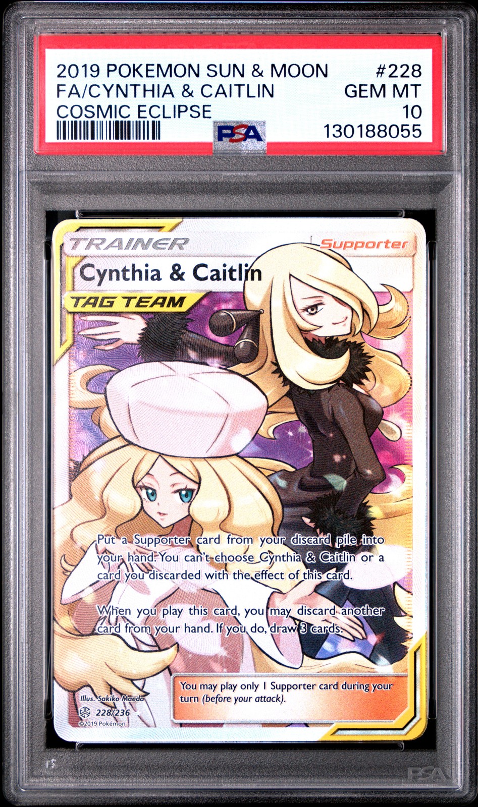 2019 POKEMON SUN & MOON COSMIC ECLIPSE #228 FULL ART/CYNTHIA & CAITLIN PSA 10