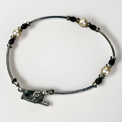 Vintage Sterling Silver Liquid Tube Pearl & Black Onyx Toggle Bracelet 7.5  5.6g