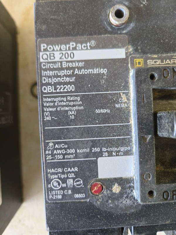 Square D PowerPact QBL22200 200A 2-Pole 240V AC Circuit Breaker HACR