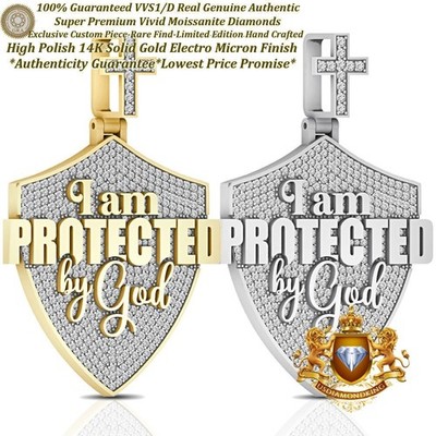 Big 2.50'' VVS1/D 4.05 Ctw. Real Moissanite ''I m Protected By God'' Charm Pendant