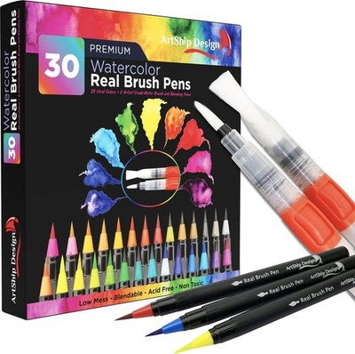 30 Watercolor Brush Pens Combo Pack 28 Colors 2 Water Brushes Flexible Real