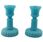 Antique Portieux Vallerysthal French Blue Opaline Milk Glass Candlestick Pair 3"