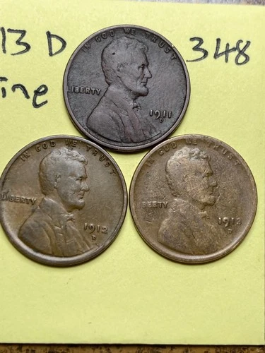 1911-D, 1912-D, 1913-D LINCOLN WHEAT CENT 3 COIN SET, "FINE" condition, #348