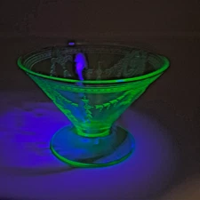 Uranium Glass Sherbet Dish Rose Cameo 1931 Belmont Tumbler Company vaseline