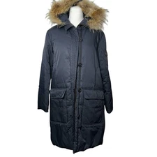 DKNY Donna Karan New York Puffer Down Coat Women's L Black Fur Trim Hood Winter