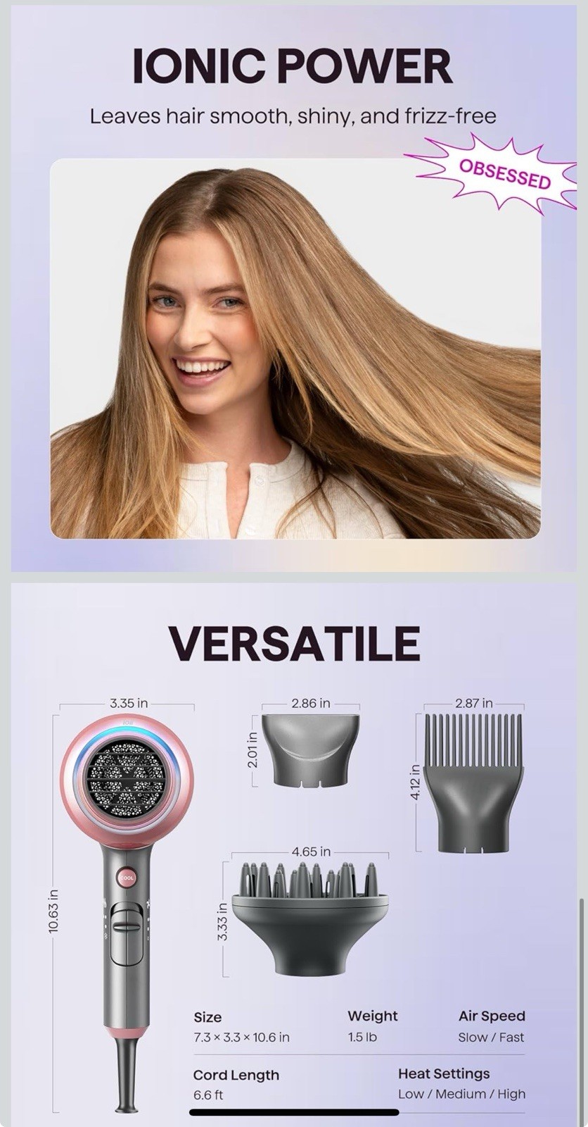 Wavytalk Hair Dryer, Blown Away Ionic Hair Dryer for Curly Hair with Diffuser