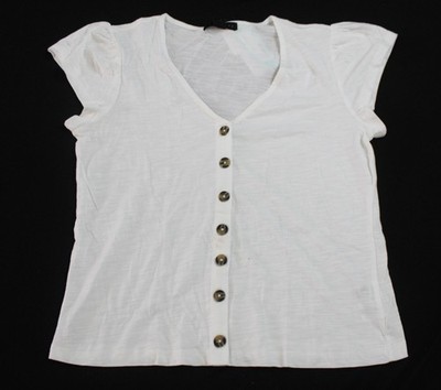Sanctuary Women's Button Up Short Sleeve V-Neck Top AC2 Shell White Small NWT