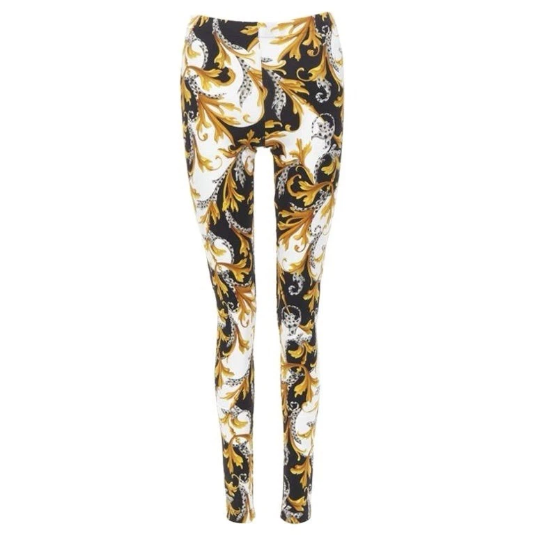 Leggings Versace Barocco Acanthus Negro Dorado Firma Floral Talla 4 Para Mujer Foto 3 de 4