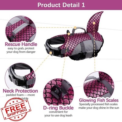 kuoser Pink Shark Dog Life Jacket Vest Large Dog Swim Water Safety M