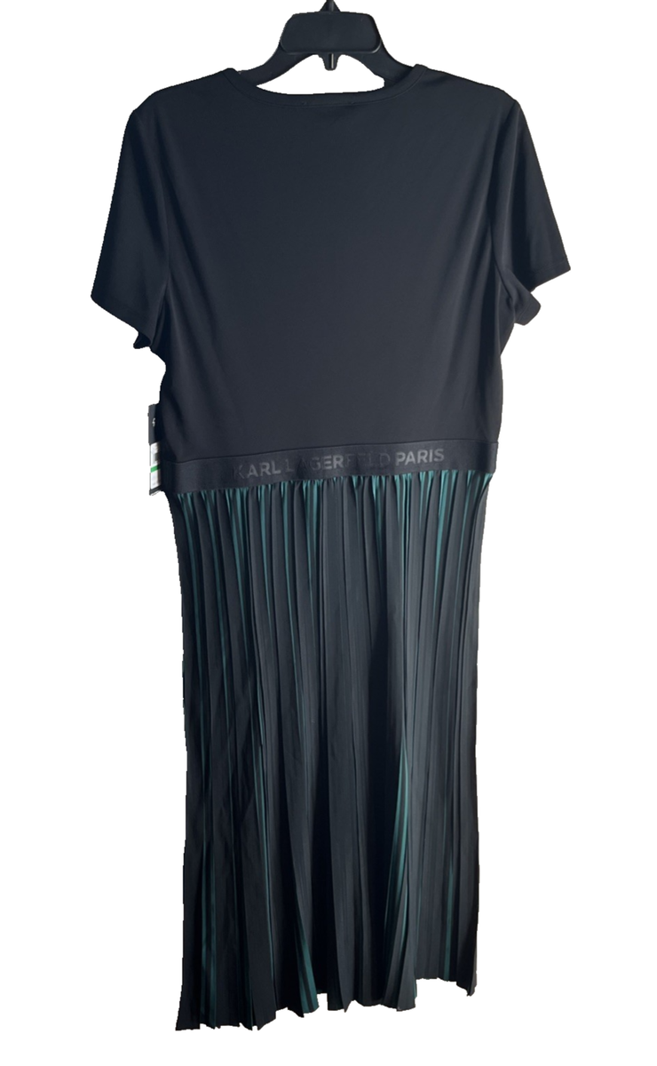 karl lagerfeld paris jersey satin color block midi dress Pleated blocked - size Large - Green / Black Crepe