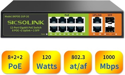 Gigabit PoE+ Switch 8 Port 2 SFP 2 Uplink 1000Mbps Netzwerk