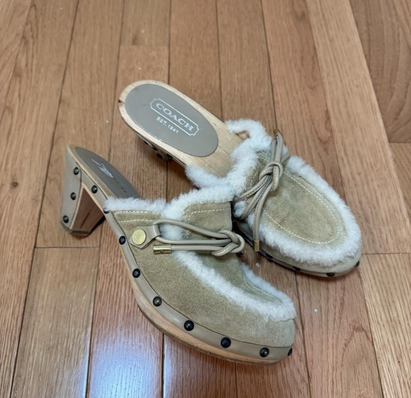 Coach Tan Studded Wooden Clog Heels Size 7.5 Genuine Leather