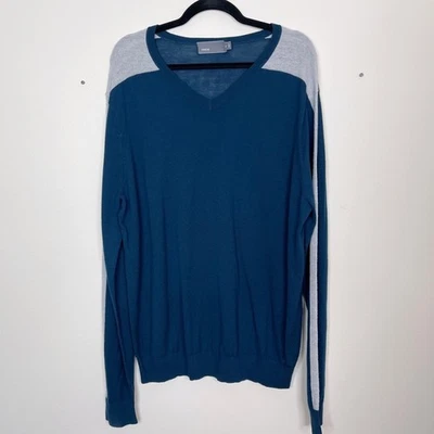 Vince Mens XLarge XL Blue Teal Gray Wool Stripe Sleeve Colorblock VNeck Sweater