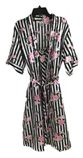 Emily Stacy Large Black Stripe Pink Floral Satin Nightgown Robe Set