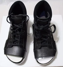 ATELJE WOMEN'S AERIA BLACK/WHITE WAXY NAPA LACE UP/OPEN TOE SANDAL US 6.5M/EU 37