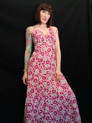 sachin and babi light blue dress Vintage 1930s 30s 1940s 40sFloral Print Cotton Piqué Sun Dress Gown Small