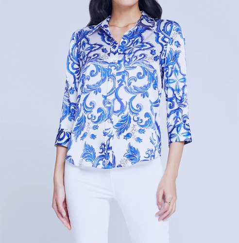 Damen L'AGENCE 3/4-Ärmel Seide Shirt Oberteil Kragen Bluse blau & weiß - Bild 2 von 5