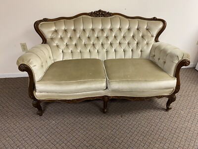 Italian Provincial Carved Wood and Upholstery Love Seat Part Of 2 Piece Set