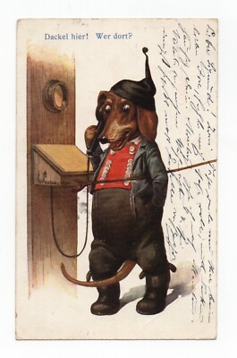 Anthropomorphismus. Humanisierter Hund. Dackel . Dackel Telefon
