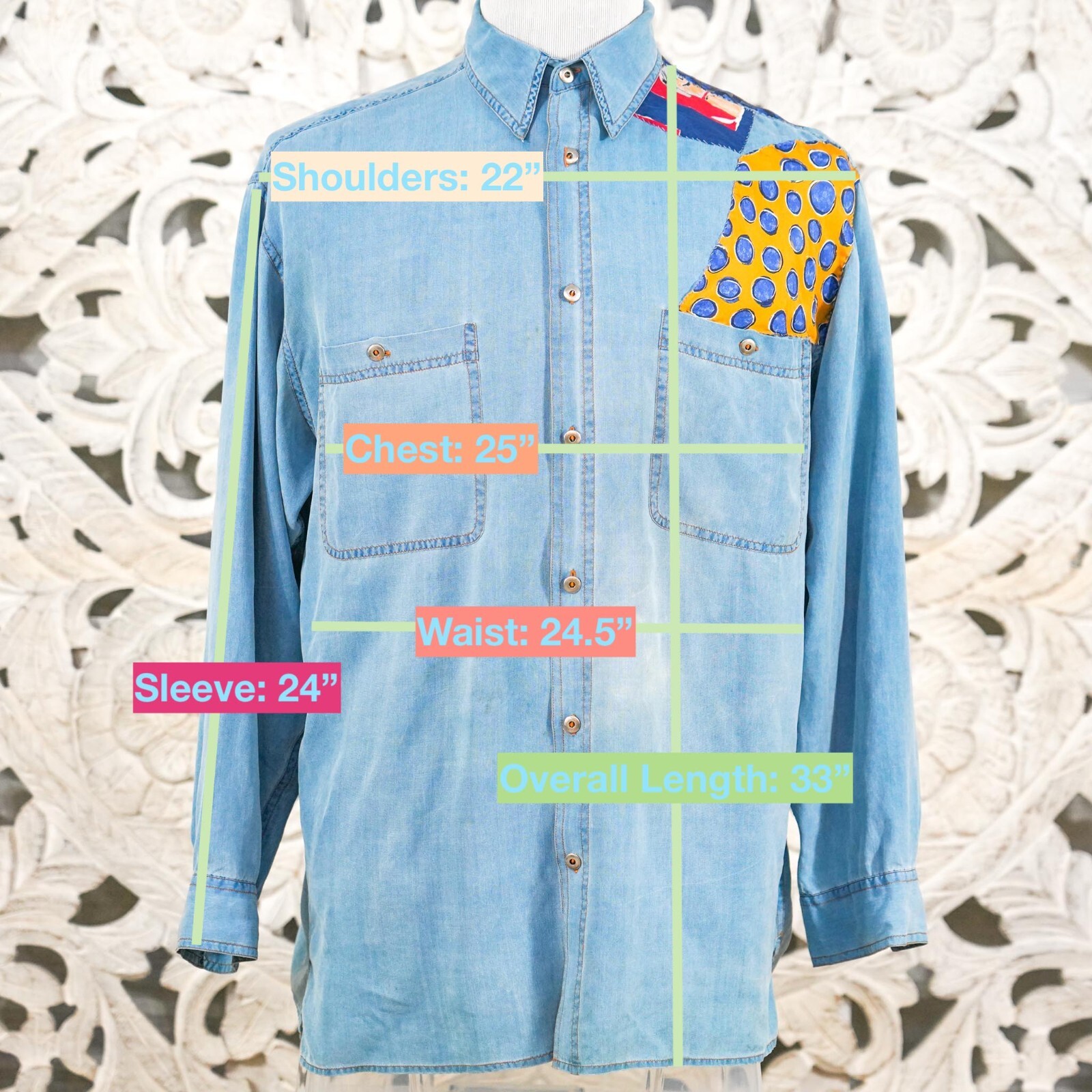 SAINT LAURENT Camicia uomo Tulliano denim tutta seta L patchwork bottoni metallo invecchiato vintage