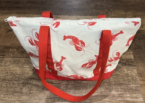 Borsa vintage tela Boston stampa a mano aragoste folk spiaggia rossa bianca zip USA - Foto 4 di 18