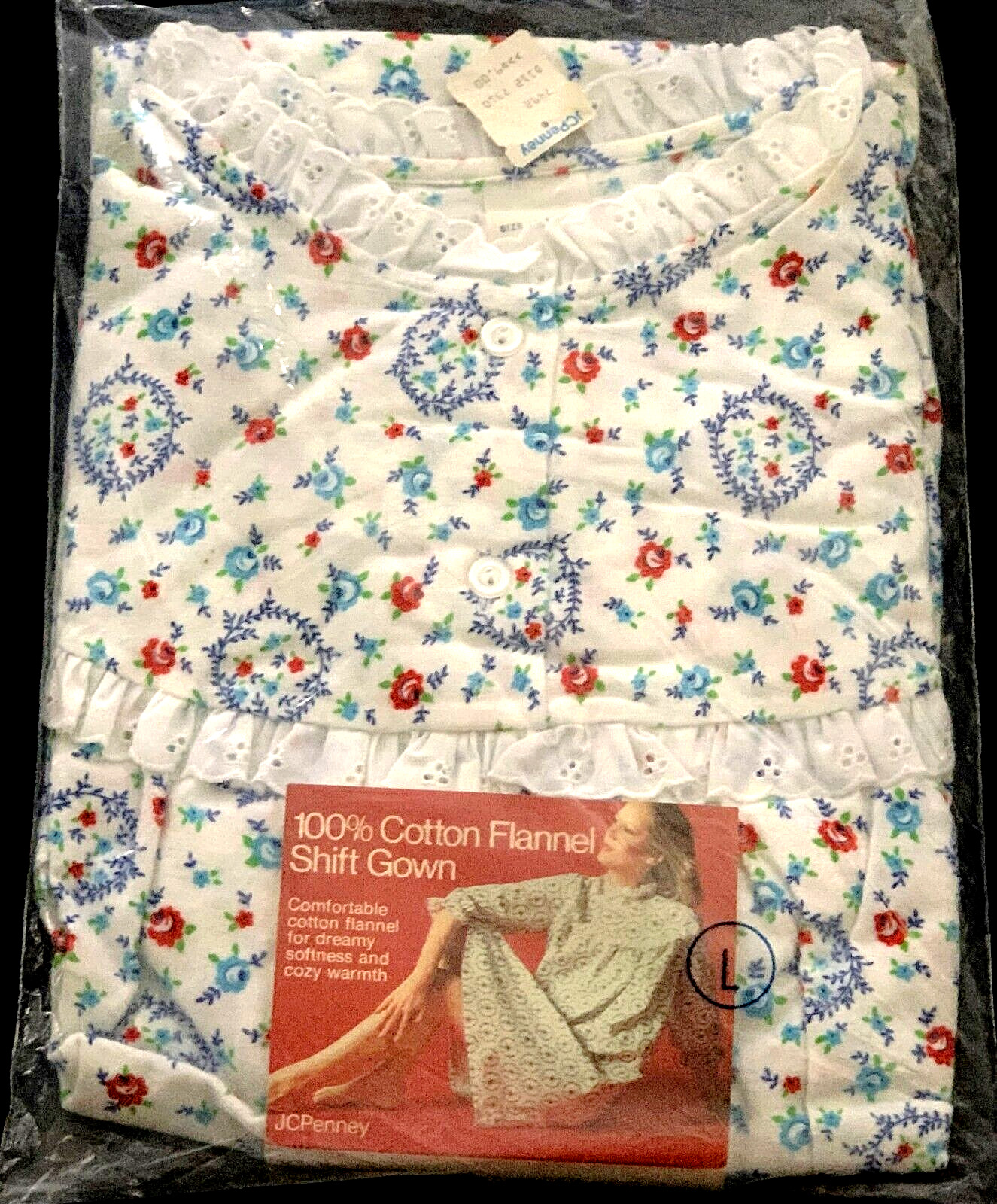 1970s NOS Cotton Flannel Long Granny Nightgown Ruffle… Gem