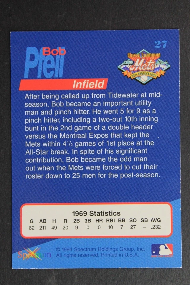 Bobby Pfeil New York Mets 1994 Spectrum The Miracle of '69 #27 Autographed Card - Image 2 of 3