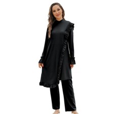 Black Swimwear Muslim Women Ruffles Bathing Swimsuit Summer Burkini Beachwear