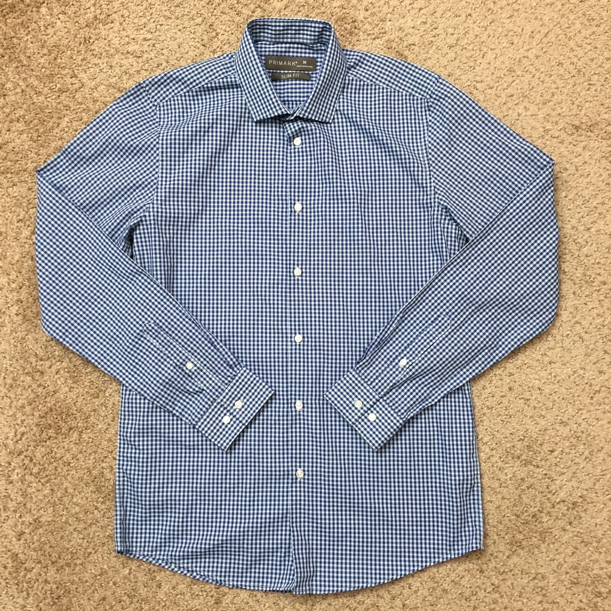 Primark Shirt Mens Medium Slim Fit Button Up Blue Check Long Sleeve