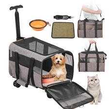 Cat Carrier with Wheels Airline Approved Rolling Pet Carrier 22 lbs Grey