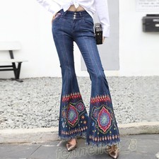 Women Boho Denim Slim Embroidery Tassels Jeans Flared Pants Wide-Leg Trouser NEW