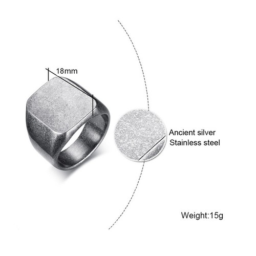Ancient Silver Big Square Band 18mm Men's Stainless Steel Retro Gray Ring Sz8-12 - Picture 2 of 10