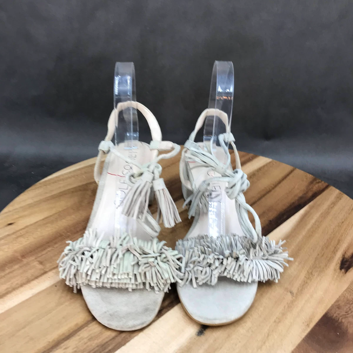 Sole Society Beige Fringe Strappy Block Heel Sandals Womens Size 6