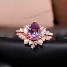 925 Sterling Silver 7x5 mm Pear Shape natural Amethyst Ring Set